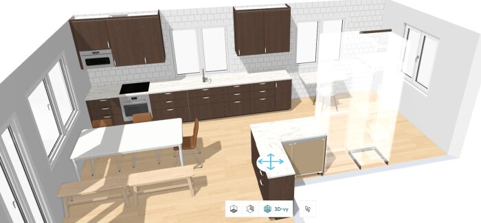 3D-design av kök med Sinarp-skåpluckor, köksbord, stolar och vit bänkskiva, skapad med Ikea online planeringsverktyg.