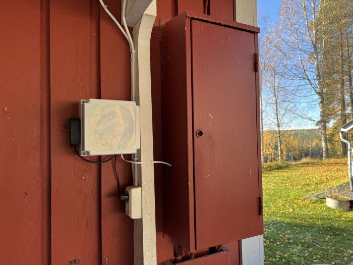 Extern kopplingslåda och fasadmätarskåp monterade på en rödmålad träfasad med trädgård i bakgrunden.