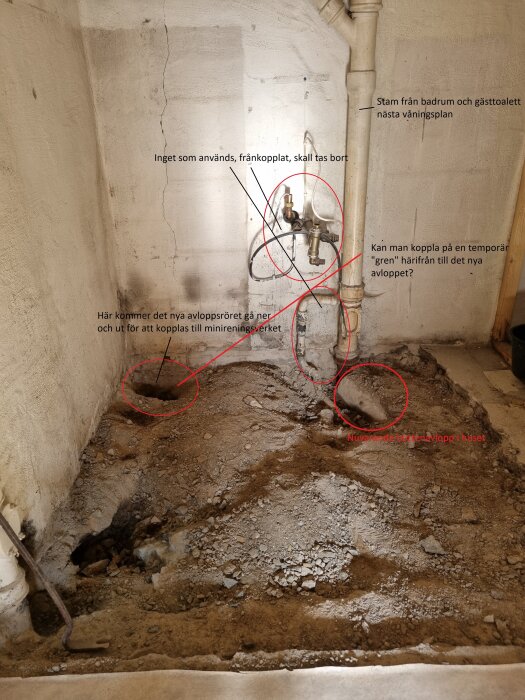 Golv i källare med rör från övervåning och markerade punkter för framtida avlopp och minireningsverk i uppbyggnad av nytt badrum.