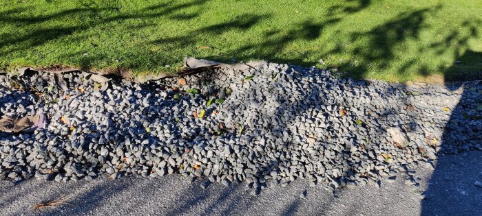 Grus längs en gräsmatta med synlig tråd för robotgräsklippare som verkar ha körts av, och grusytan är ojämn och nedtryckt.