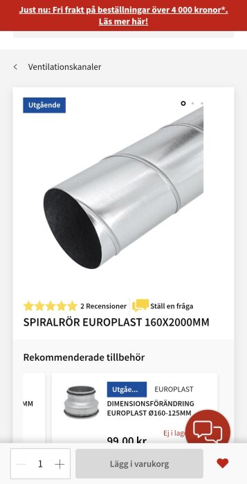 Bild av ett spiralrör Europlast 160x2000 mm för ventilationssystem, med text om gratis frakt och rekommenderade tillbehör.