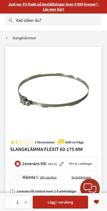 Slangklämma av märket FLEXIT i storlek 60-175 mm, visas på en produktsida för onlinebeställning.