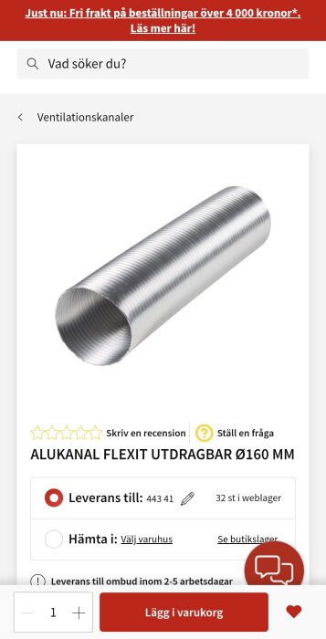 Flexibel ventilationskanal ALUKANAL FLEXIT, utdragbar, Ø160 mm i aluminium, visas på en produktsida för inköp online.