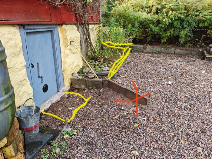 Grusad mark framför dörr med betongplattor och en markerad felaktig lutning. Växtlighet bredvid grusytan och en hink till vänster om dörren.