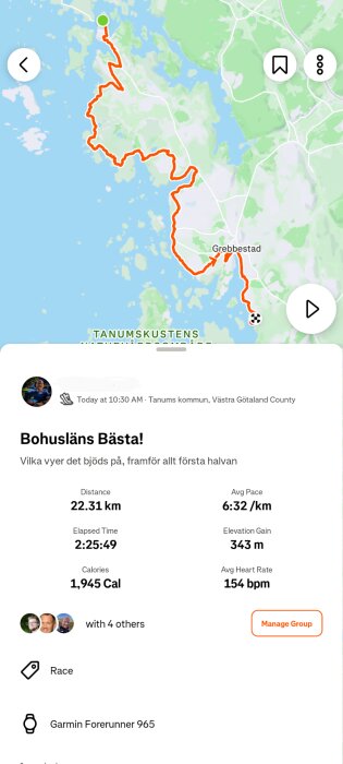 Karta över en löprunda i Tanums kommun, Bohuslän, med orange linje och statistik: sträcka 22,31 km, tid 2:25:49, höjdmeter 343 m.