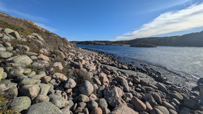 Stenig kustlinje vid en sjö eller hav med klippor och klar blå himmel i bakgrunden.