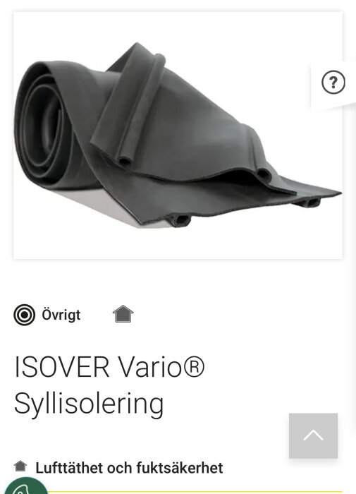 Rulle av svart syllgummi, ISO­VER Vario® Syllisolering, för lufttäthet och fuktsäkerhet vid byggprojekt.