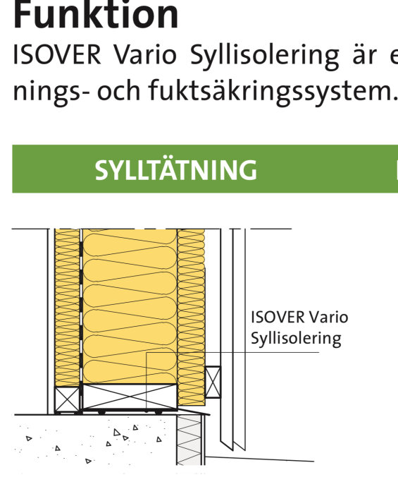 Diagram av ISOOVER Vario syllisolering för sylltätning och fuktsäkring i byggkonstruktion.