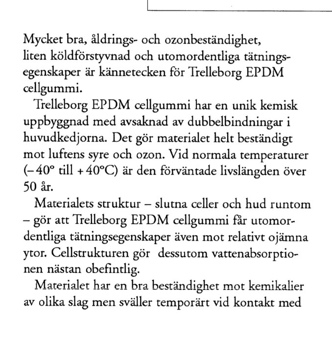 Trelleborg EPDM cellgummi-text som beskriver dess beständighet mot åldrande, syre och ozon, samt materialets tätnings- och temperaturtåliga egenskaper.