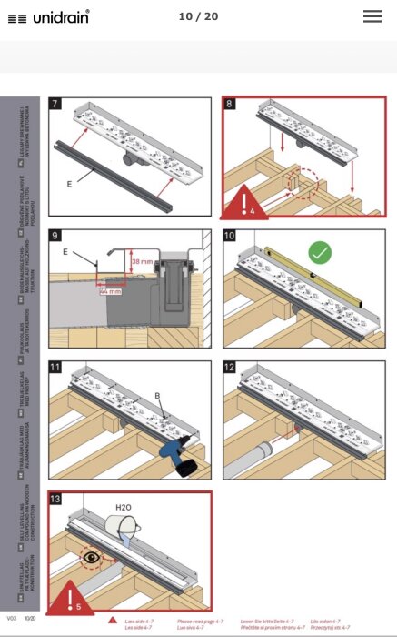 Instruktionsdiagram för montering av Unidrain golvbrunn på träbjälkar, visar steg för steg med mätningar och verktyg.