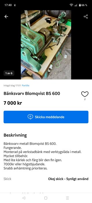 En grön bänksvarv märkt Blomqvist BS 600, monterad på en arbetsbänk med diverse verktyg runtomkring.