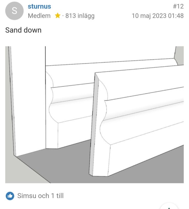 3D-ritning som visar två vita profiler som möts i en hörna, med detaljerade konturer för snickerilister mot en jämn yta.
