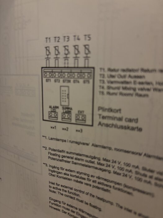 Kopplingsschema på en pump med märkningar T1-T5 och text om anslutningar och funktioner för varmvattenstyrning.