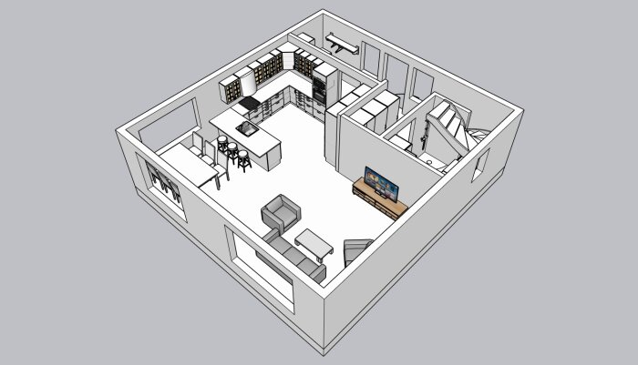 3D model av ett inrett rum med kök, matplats, soffa och TV.