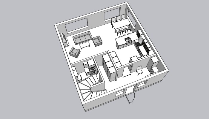 3D-planritning av ett hus med möblerat vardagsrum, kök, matplats, badrum och spiraltrappa.
