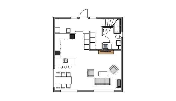Ritning av planlösning för ett rum med kök, matplats, vardagsrum och badrum.