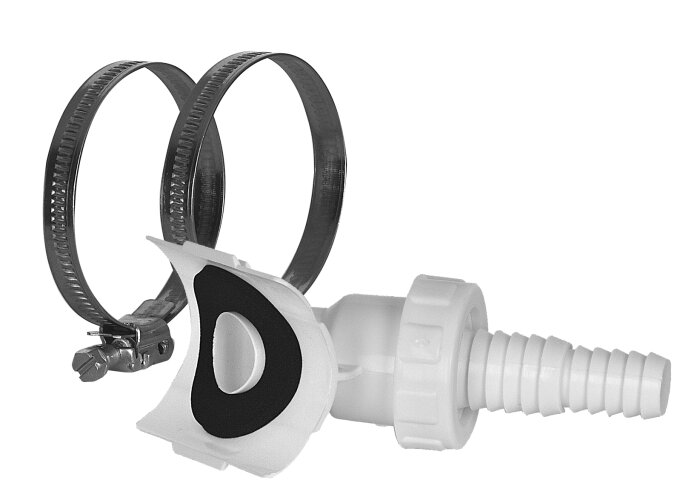 Slangkoppling och två metallslangklämmor för installation på 110mm avloppsstam.