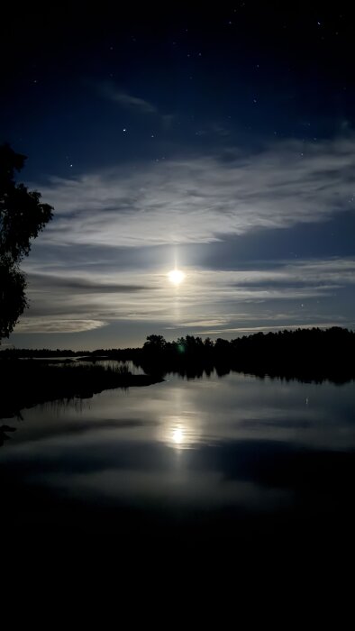 En stilla nattbild av månen som reflekteras i en lugn sjö, omgiven av mörka träd och en stjärnklar himmel.