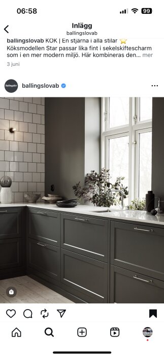 Kök med mörka skåpluckor och vitt glaserat kakel, belysning på väggen och gröna växter vid ett fönster.