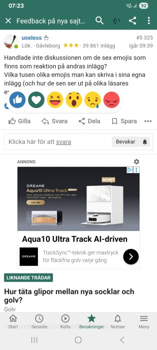 Smartphone-skärm med diskussionsforum, emojis som svarsalternativ och annons för Dreame Aqua10 Ultra Track AI-driven produkt.