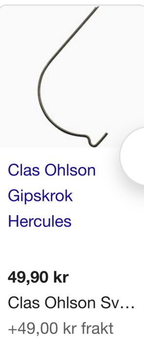 Clas Ohlson Gipskrok Hercules, yksinkertainen metallinen kiinnike, joka soveltuu kevyiden taulujen ripustamiseen kipsiseinään. Tingat näkyvissä.