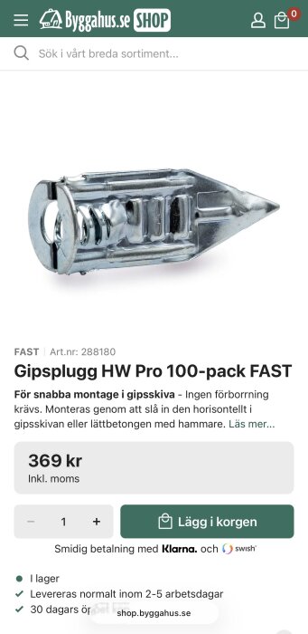 Gipsplugg HW Pro för montering i gipsskiva. Inget förborrning krävs, slås in horisontellt. Förpackning med 100 st.