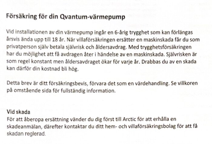 Text om försäkringsvillkor för en Qvantum-värmepump, innehållande information om trygghetsåtgärder och skadeanmälan via Arctic.