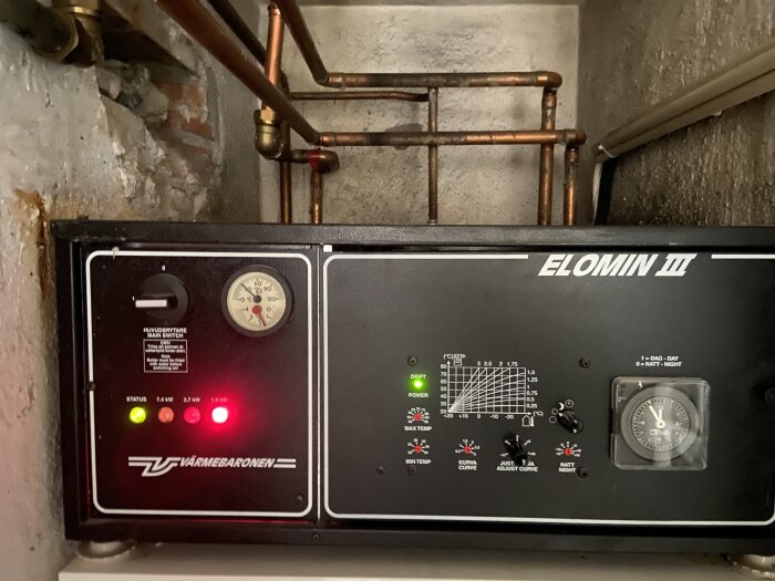 Värmepanna av märket Elomin III med tryckmätare och lysande statuslampor, omgiven av kopparrör i ett mörkt utrymme.