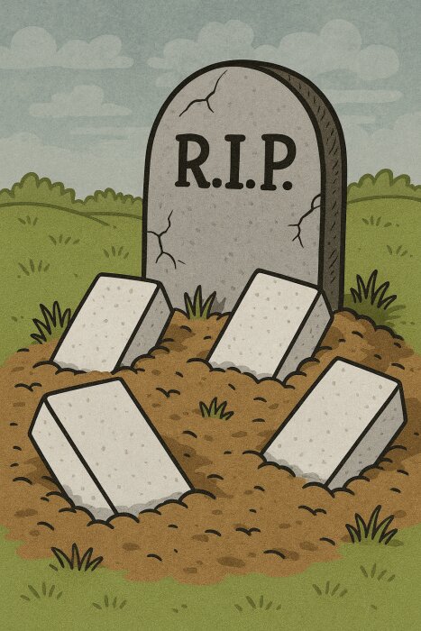 Tecknad bild av en gravsten med "R.I.P." och flera tegelstenar vältade i marken intill, omgivna av gräs och en molnig himmel.