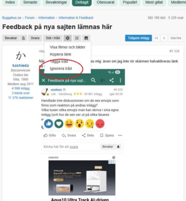 Forumtråd där alternativ för att ignorera tråd visas under ett kugghjul i en meny, med inlägg och emoji-reaktioner i bakgrunden.