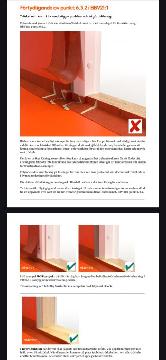 Bild som visar en felaktigt installerad dörrkarm och tröskel med dåligt tätade vinklar, markerad med ett rött kryss för att indikera problemet.