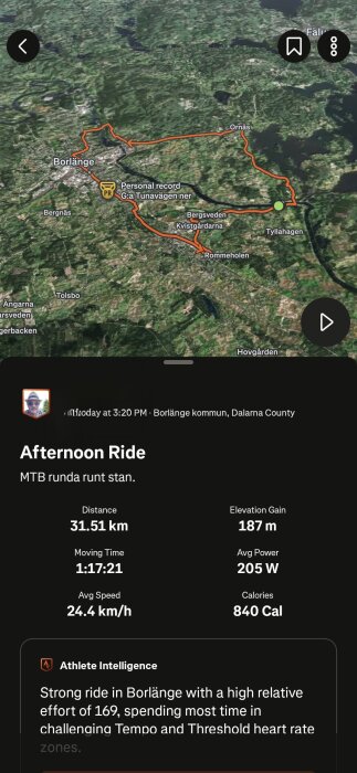 Karta över cykelrunda i Borlänge, 31,51 km lång med 187 m stigning, 1 tim 17 min. Rutt markerad i orange. Information om hastighet och kaloriförbränning.