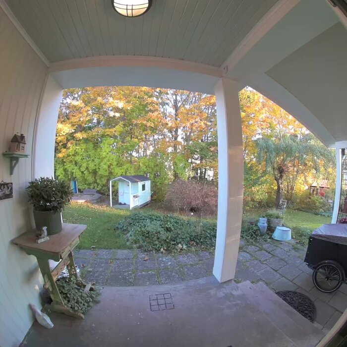 Utsikt från veranda med växt och träbord, kameror monterade. Trädgård med lekstuga syns i bakgrunden under höstfärger.