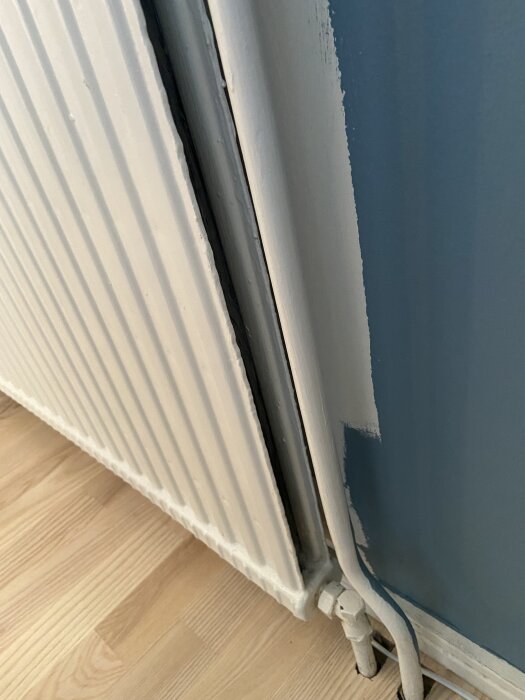 En smal vit radiator med rör anslutna mot en blåmålad vägg och trägolv.
