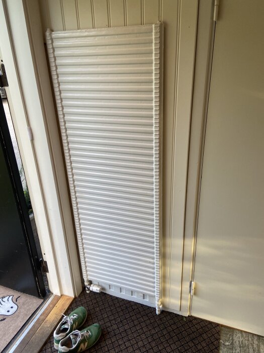 En vit, smal panelradiator monterad på en vägg bredvid en dörr. Gröna skor står på golvet framför.