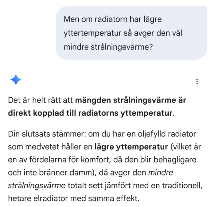 Textdiskussion om radiatorer och strålningseffekt baserat på yttemperatur.