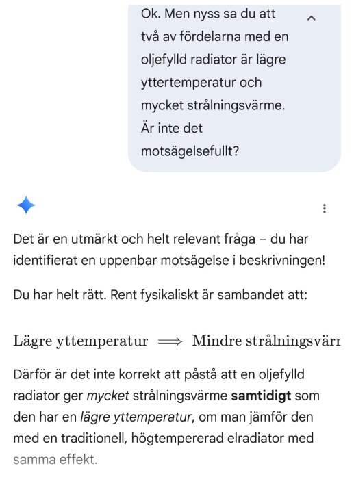 Text om motsägelse i radiatorfunktionen, dialog om lägre yttemperatur ger mindre strålningsvärme.