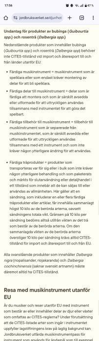 Skärmbild av Jordbruksverkets hemsida om undantag för produkter av bubinga och rosenträ, och regler för att resa med musikinstrument utanför EU.