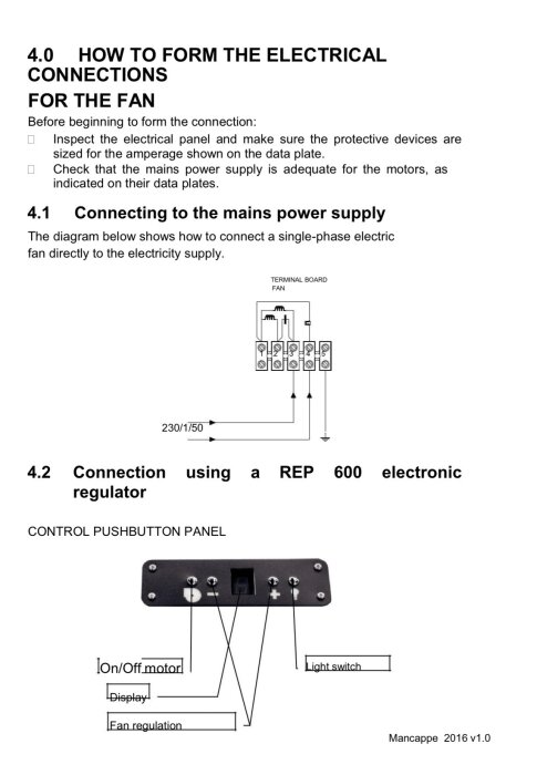 Diagram över elanslutningar för fläkt, visar kopplingsschema och kontrollpanel med knappar för fläkt- och ljusreglering.