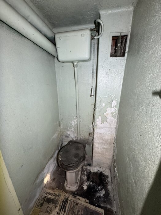 Gammal toalett i ett slitet källarutrymme, med cistern och dragkedja, omgiven av avflagnad färg och gamla tidningar på golvet.