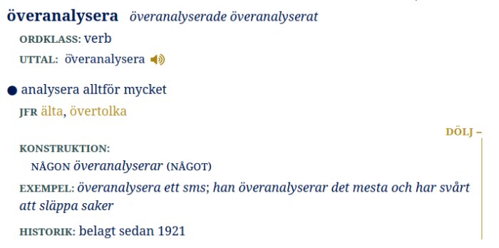 SAOB:s definition av "överanalysera", inkl. ordklass, uttal och användningsexempel, samt historik från 1921.