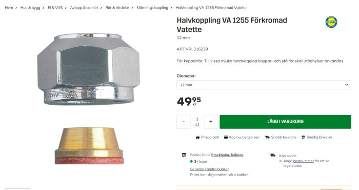 Halvkoppling VA 1255 förkromad från Vatette, 12 mm för kopparrör, visas med pris och beskrivning på en webbplats.