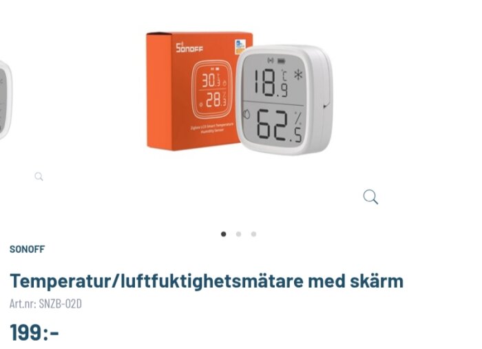 Temperatur- och luftfuktighetsmätare med skärm som visar 18,9°C och 62% luftfuktighet, bredvid en orange produktförpackning.