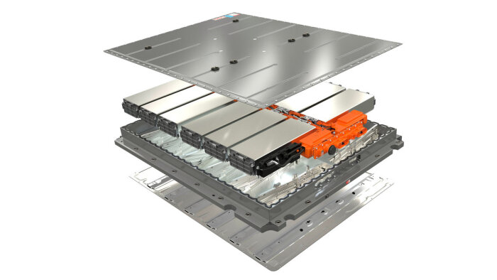 Exploderande diagram av batteripaket för elbil med moduler och komponenter, visar struktur och sammansättning.
