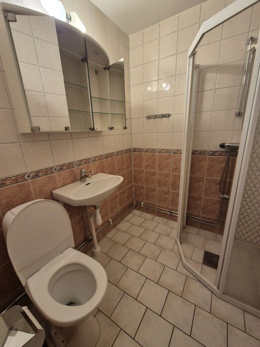 Badrum från 1959-60 med beige kakel, toalett, handfat, spegelskåp och duschkabin. Brun dekorlist och klinkergolv.