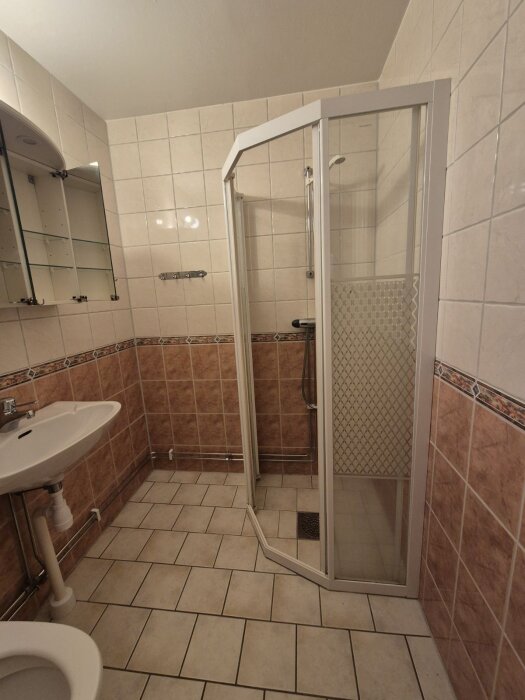 Badrum med vit kakel, duschkabin, handfat och spegelskåp, med brun dekorrand och äldre inredning.