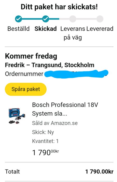 Paketkommandot från Amazon visar Bosch verktyg, markerat som skickat och ankommer fredag enligt spårningsstatus. Totalpris 1 790 kr.