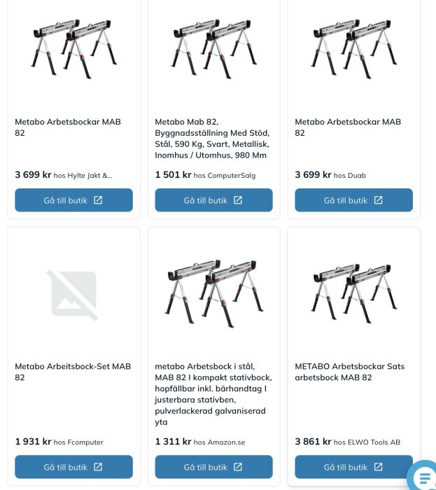 Produktbilder av Metabo arbetsbock MAB 82 från olika butiker med varierande priser och beskrivningar.