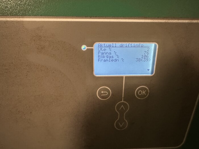 Display på pelletspanna visar en utetemperatur på 2°C, pannans temperatur på 76°C och rökgastemperatur på 106°C.