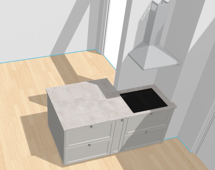 Köksö med inbyggd spishäll och en väggfläkt ovanför mot en halvvägg, i ett modernt kök med trägolv och ljusa skåp.